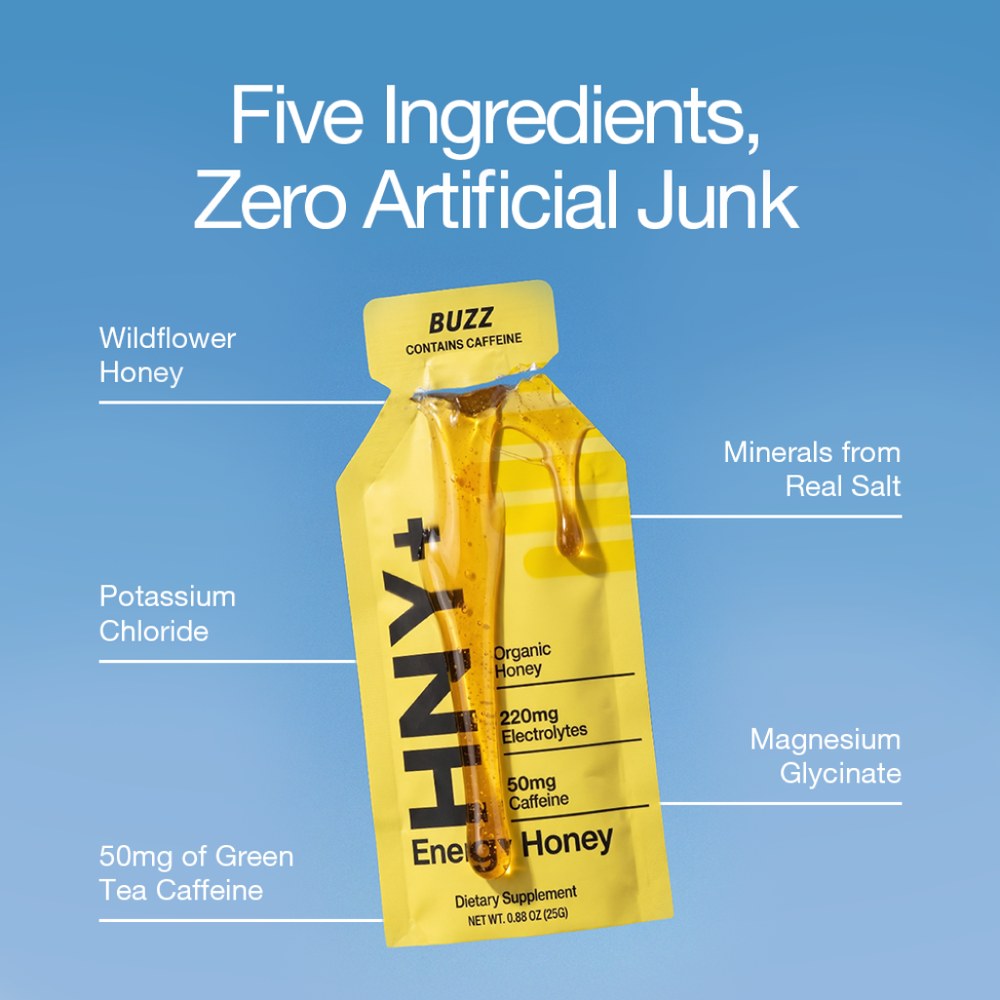 Five Ingredients, Zero Artificial Junk: wildflower honey, minerals from real salt, potassium chloride, magnesium glycinate, 50mg of green tea caffeine.